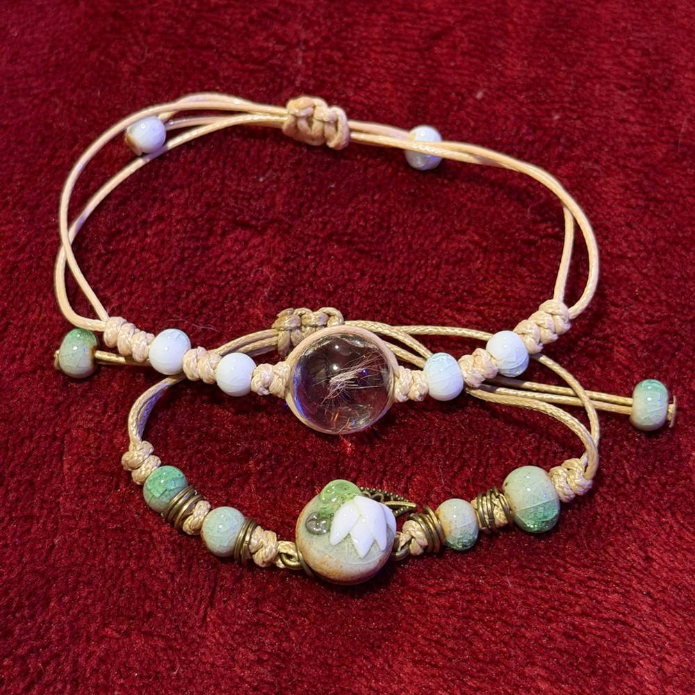Handcrafted Beaded Bracelet Set - Green and White